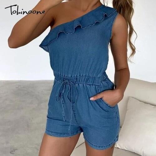Tobinoone Ruffles One Shoulder Sexy Denim Jumpsuit Women High Waist Tie Sleeveless Bodycon Playsuit Summer Casual Work Jumpsuit