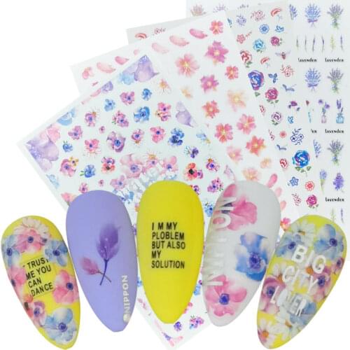 1 Sheet 3D Nail Art Stickers Sliders Lavender Flowers Leaf Adhesive Nail Decals Foil Nail Stickers