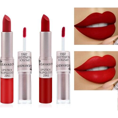 2pcs Waterproof Shimmer Lip Stick Glitter Lipstick Red Lips Matte Long Lasting Lipsticks Lipgloss Cosmetic Make Up Lip Gloss