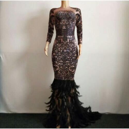 2019 New design Full Rhinestone Feather Tail Dress Stretch Long Dress Sexy Stage Wear Celebrate Women Dance Evening Outfit