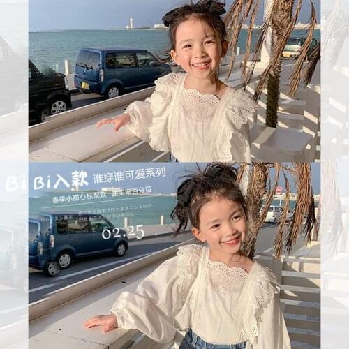 2021 Spring Summer Girls Blouses Korean Bubble Sleeve White Shirt Children Fashion Tops Temperament Lace Recipients Doll Shirt