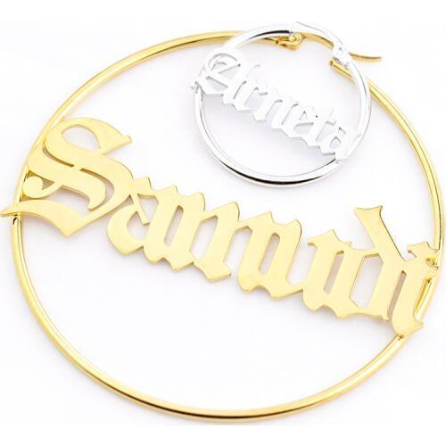 Personalized Women Big Earrings Custom Any Name Jewelry Old English Font Stainless Steel Circle Round Pendientes Mujer Gift