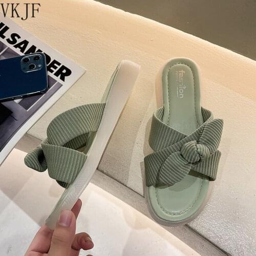 Summer Fashion Sandals Shoes Women Flat Slipper 2021 Bow Soft Comfortable Slipper Indoor Outdoor Beach Female Slippers Green