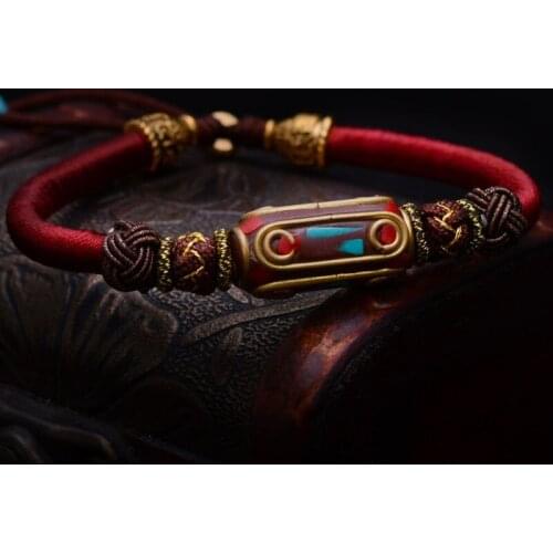 Hot Tibetan Buddhism Knots Lucky Rope Bracelet With Retro Bronze Mantra Beads Hand Braided String Antique Fashion Jewelry