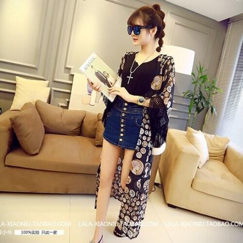 TDFunlive 2019 beach swimsuit cover up Sexy Women tassels cardigan Swimwear Bathing Suit floral Long Chiffon Shirt Loose Tops