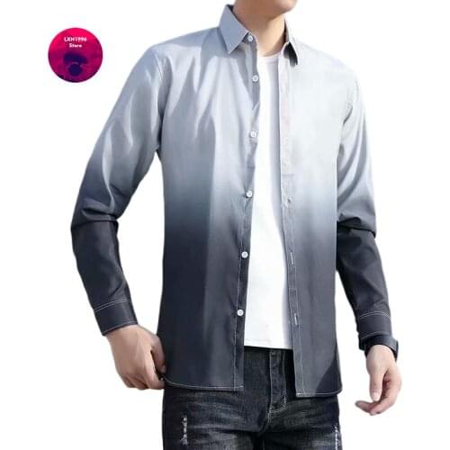 Mens Harajuku Long Sleeve Button Up Social Shirt Hawaiian Summer Black White Gradient Vintage Fashion Mens Clothing Shirts Top