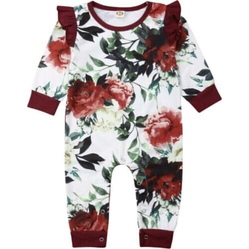 Newborn Baby Girl Clothes Long Sleeve Flower Printing Jumpsuit Overall Outfit Set