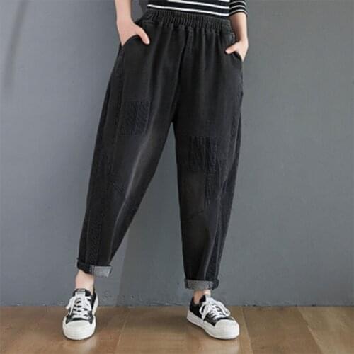 2020 Autumn Winter New Arts Style Women Elastic Waist Loose Black Jeans Patchwork Cotton Denim Harem Pants Plus Size S48