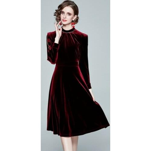 2021 Autumn winter Velvet Party Dress Femme Elegant Lace Patchwork O Neck Long Sleeve Midi Dresses