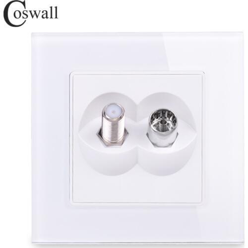 Coswall Tempered Crystal Glass Panel Female TV Connector With Satellite Outlet Wall Socket Black White Gold Grey Colorful Series