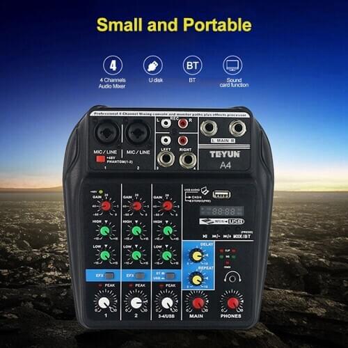 Portable 4-Channel BT Sound Mixing Console Digital Audio Mixer Built-in Reverb Effects for Recording DJ Network Live Broadcast
