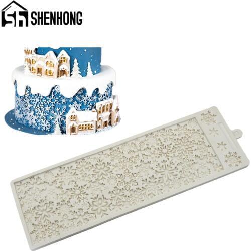 SHENHONG Christmas Silicone Fondant Cake Mold Snowflakes Pattern Party DIY Gum Paste Sugar Craft Pastry Border Decorating Mould