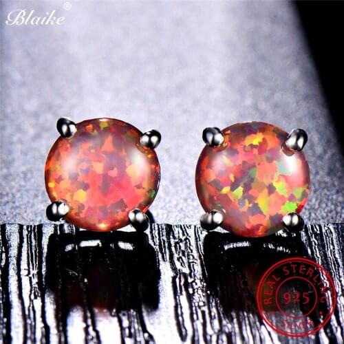 Blaike 100% Solid S925 Sterling Silver Round Stud Earrings For Women Rainbow Fire Opal Earrings Blue Zircon Wedding Fine Jewelry