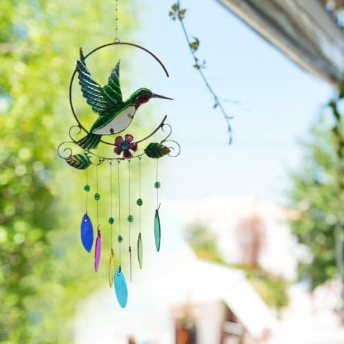 Stained Glass Hummingbird Wind Chime Iron Art Window Hanging Pendant Handmade Multicolored Outdoor Garden Bird Sun high grade