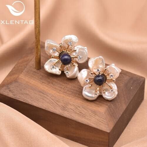 XlentAg Natural Lapis Lazuli Baroque Flower Pearl Stud Earrings For Women Handmade 925 Sterling Silver Gift Fine Jewelry GE0678