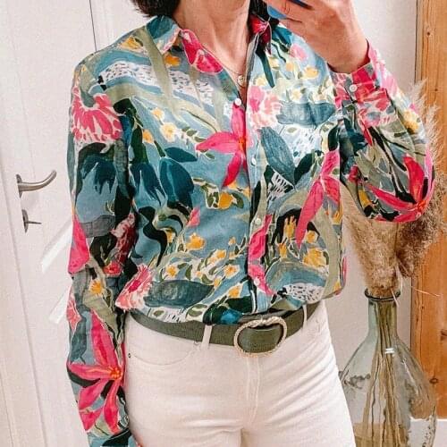 Floral Print Shirt Woman Elegant Long Sleeve Silk Cotton Hauts Loose Casual Blouse Chic 2021 Retro Camisas Mujer Tops Spring