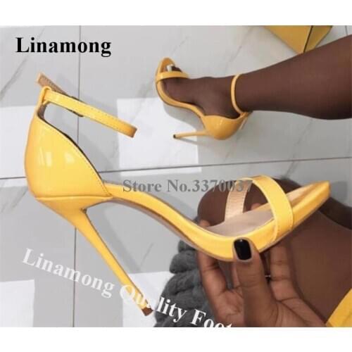 Linamong Women Summer Classical Style One Strap Stiletto Heel Sandals Yellow Pink Patent Leather High Heel Sandals Dress Heels