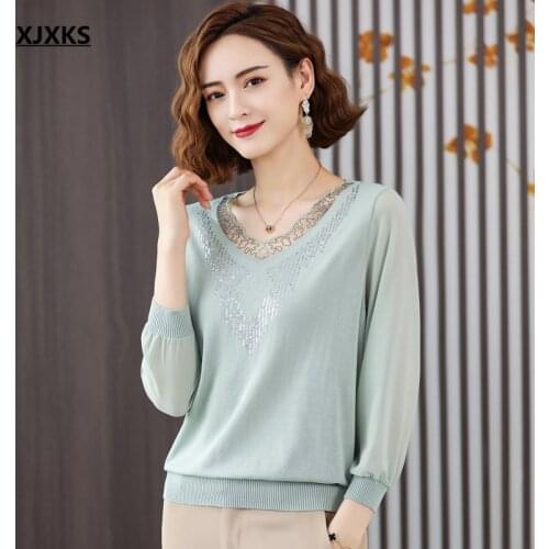 XJXKS Fashion V-neck Exquisite Sequin Women Thin Sweater Fall 2021 New Loose Plus Sweater Women Pullover