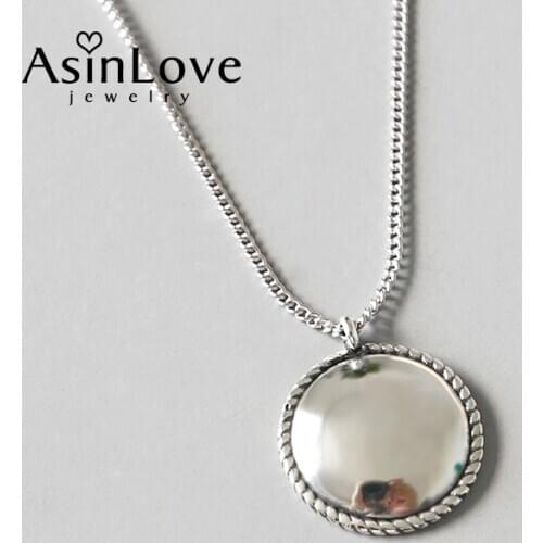AsinLove Real 925 Sterling Silver Glossy Textured Retro Twist Round Pendant Necklace for Women Gift Clavicle Chain Fine Jewelry