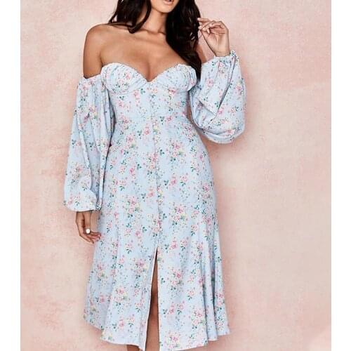 Lantern Sleeve Floral Off Shoulder Dress Women Single Breasted High Waist Dresses Female 2021 Summer New Elegant Ladies Clothes