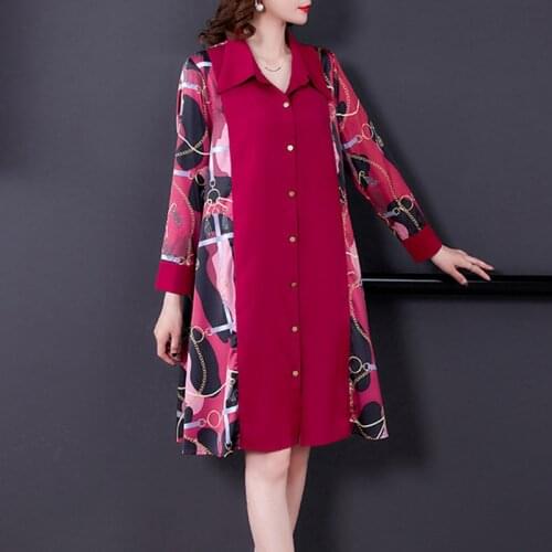 2021 Spring Summer Red Print 3XL Plus Size Midi Dress Women Loose Casual Patchwork Chiffon Shirt Dress Elegant Bodycon Vestidos
