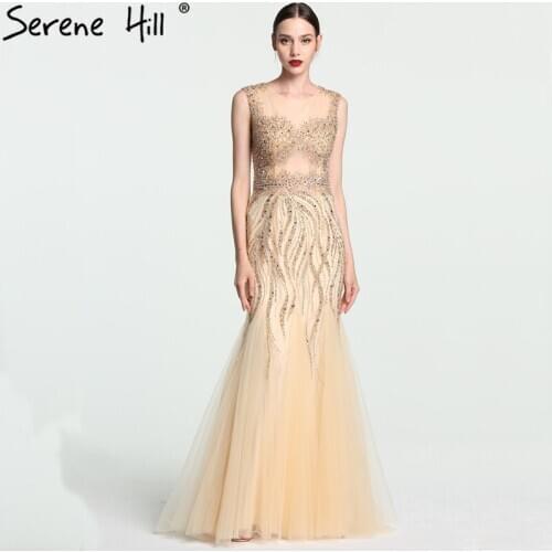 Robe De Soiree Luxury Gold Crystal Beaded Mermaid Dubai Evening Dresses 2020 Sexy Sheer Floor Length Prom Dress Party BLA6119