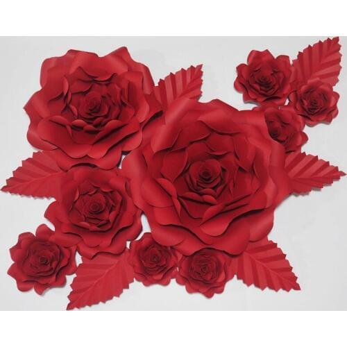 2018 Red Giant Paper Flowers Artificial Rose 9PCS+ 6 Leaves For Wedding & Event Backdrop Decor Baby Nursery Windows Display