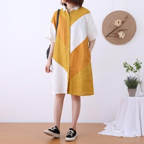 2020 New Summer Color-matching Cotton and Linen Dress Loose Waist Literary A-line Dress Thin Section Casual Vestidos Midi K617
