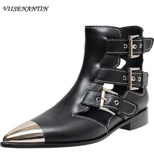 Hollow short boots female flat pointed sandal boots summer metal head belt buckle European station punk Martin boots