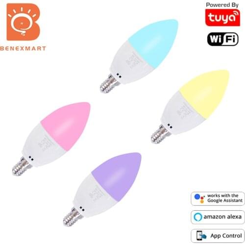Benexmart 4 Pcs E14 Candle Light Tuya WiFi Led Bulb 5W RGBW Candle Bulb Smart Life Color Changing Alexa Google Home Decor 460lm