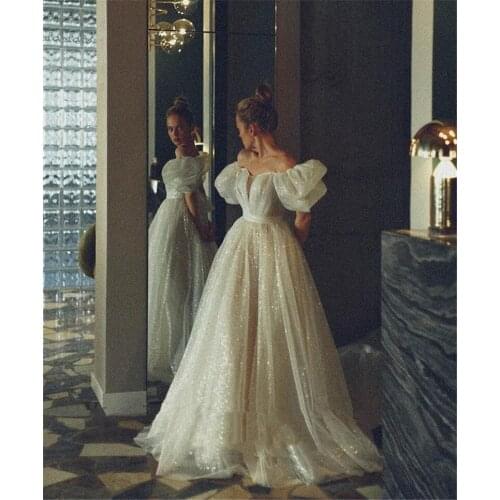 Glitter White Sequined Wedding Dress A Line 2021 Puff Short Sleeve Off Shoulder Long Bridal Gowns Princess Robe De Mariage