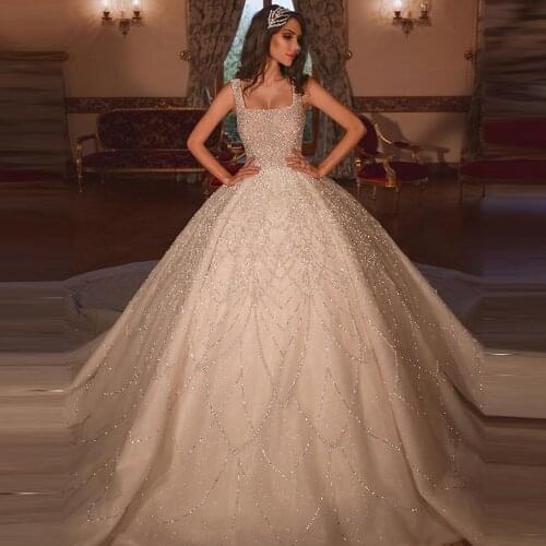 Glitter Beaed Bridal Dresses Square Collar Sleeveless Luxury Ball Gowns Wedding Gowns Custom Made Oraganza Long