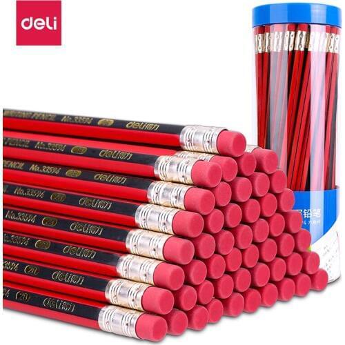 Deli Classic Red and Black Drawing Hex 2B Pencil with Rubber Head Student Examination Sketch Drawing Pencil 50pcs/Barrel 33594