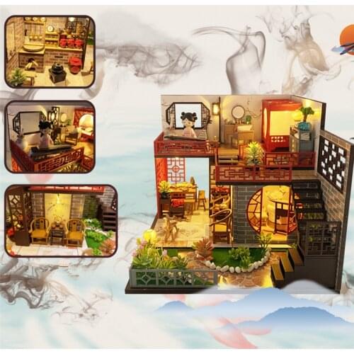 DIY Ancient Loft Wooden DollHouse Miniature With Furniture Light Plant Assemble Casa Chinese Toys For Children Adult Gifts