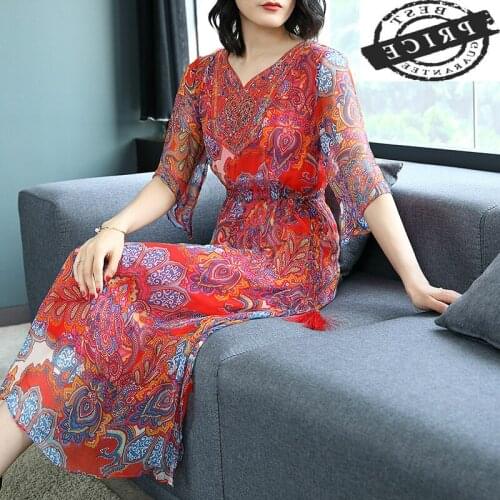 Silk Long Dress Women Beach Party Summer Dress Print Vintage Dresses Plus Size Vestido Ladies Office Wear Clothes LWL1aa1