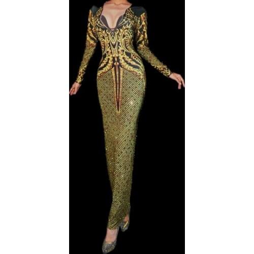 Womens Birthday Celebrate Outfit Gold Printed Rhinestones Long Dress Dance Costume Nightclub Female Singer Sexy Stage Dress