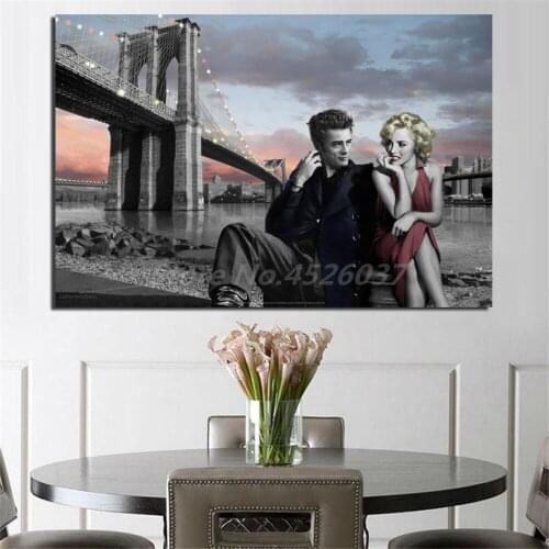 Marilynes Monroes And James Dean Under A Brooklyn Bridge Backdrop Painting Poster Wall Art Picture for Living Room Decor
