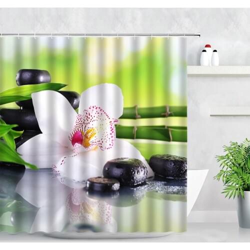 Zen Garden Waterproof Fabric Shower Curtain Set White Flower Green Bamboo Black Stone Spa 3D Print Home Decor Bathroom Curtains