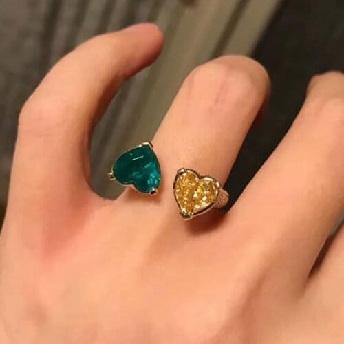 Cute Green Yellow Heart Bling Zircon Stone Adjustable Gold Ring for Women Wedding Engagement Fashion Jewelry