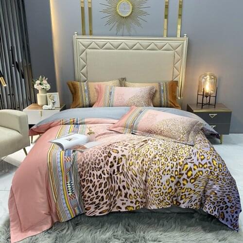 4pcs Pink and Grey Bedding Sheets Queen Size Egypt Cotton Duvet Cover Set Leopard Print Bed Set for Teens Girls Bedroom Decor