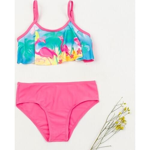 Flamingo Print Kids Girls Swimsuit Swimwear Falbala Kids Bikini Set Summer Girls Bikinis 2020 Children Two Pieces Bathing Suit