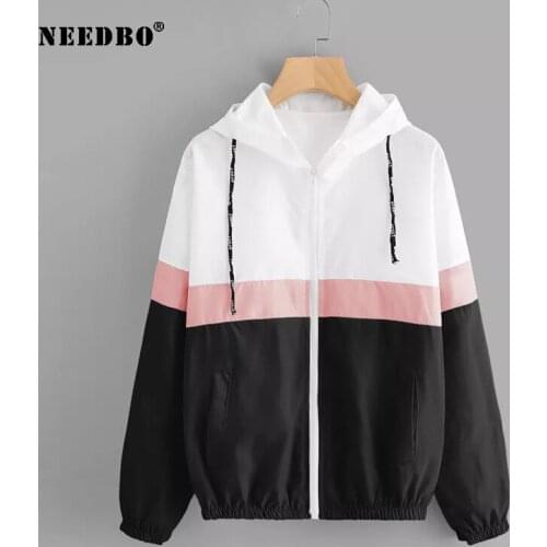 NEEDBO Womens Hooded Jacket Patchwork Long Sleeve Coat Color Block Multicolor Sunscreen Female Casual Windbreaker Pocket Cloth