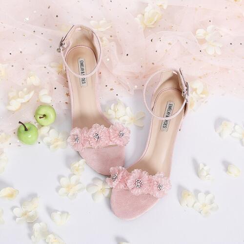 Summer New Low Heel Flat Pink Sandals Chiffon Flower White Chunky Heel Straight-Line Buckle Junior High School Fairy Girl