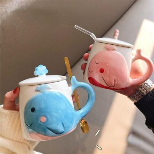 Cute Cartoon Ins Couple Girl Heart Student Water Cup Korean Version with A Cover Spoon Straw Ceramic Cup Mug Meng