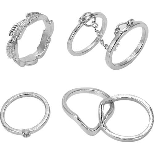 Set 6 Pcs Lot of Phalanx Rings Fleche Moon Midi with Pearl Fancy Jewelry Boheme for Woman and Girl (6Pcs Silver-Color)