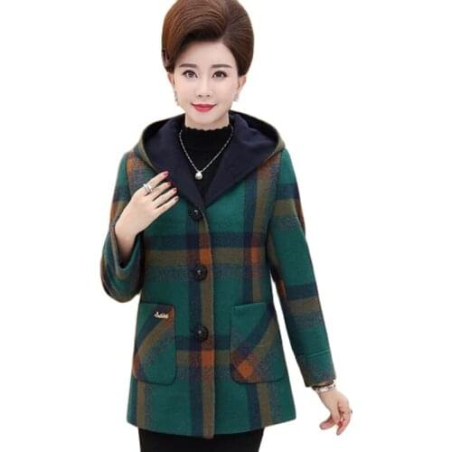 2021New Wool Coat Women Autumn Winte Hooded Plaid Jacket Middle-aged Loose Woolen Jacket Ladies Plus Size Overcoat Outerwear