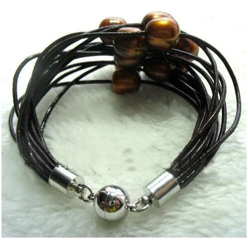 New Arrival Favorite Pearl Leatehr Bracelet Bigger 15 Rows Coffee Real Freshwater Magnet Clasp Fine Jewelry Charming Lady Gift