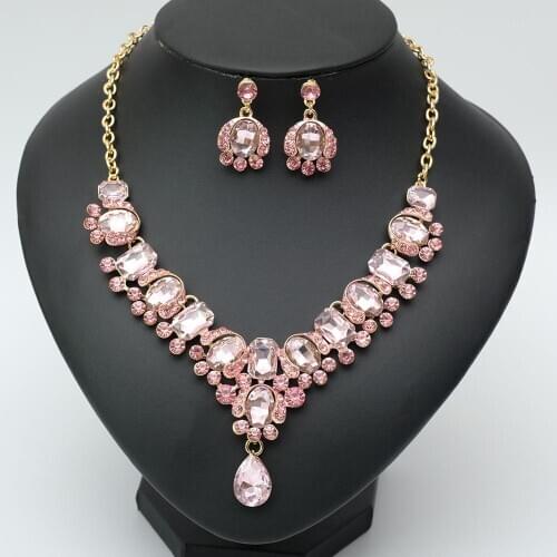 New Elegant Pink Necklace Earring Luxury Bridal Crystal Chokers Jewelry Sets for Brides Womens Wedding Prom Costume Accessory
