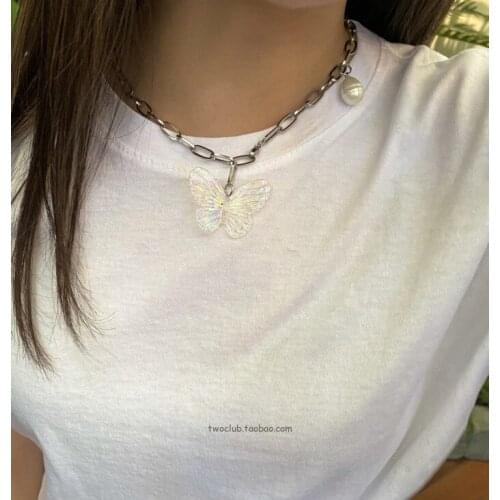 Punk Silver Color Titanium Steel Chain Necklaces Collares bijoux Geometric Butterfly Imitation Pearl Necklace Pendant For Women