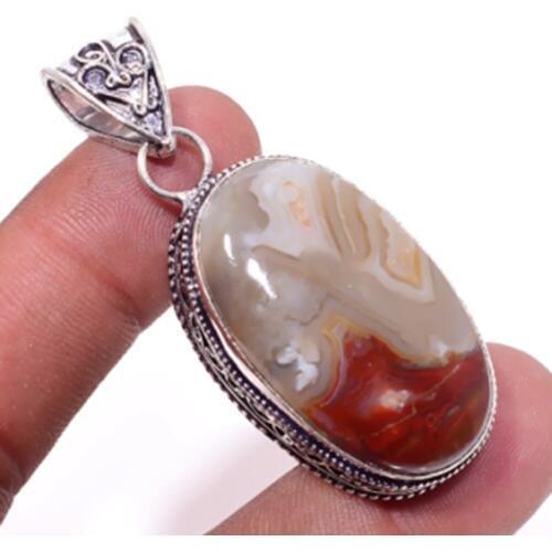 Crazy Lace Agates Pendant Silver Overlay over Copper , 57 mm, P6756